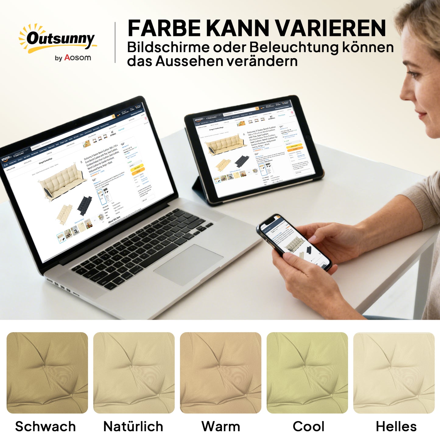 Outsunny Outdoor-Kissen-Set für Bank oder Hollywoodschaukel, zweifarbig, Polyester, Schaumstoff, 180 x 110 x 8 cm, Beige+Schwarz