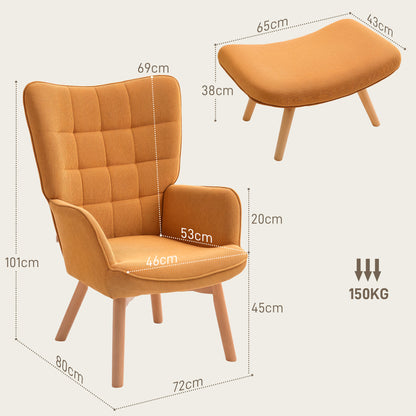 HOMCOM Akzentsessel mit Hocker, Relaxsessel in Cord-Optik, Armlehnstuhl mit Holzbeinen, für Wohnzimmer, Braun