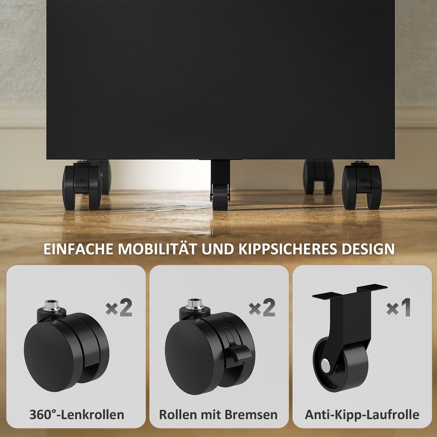 Vinsetto Aktenschrank aus Metall, Büroschrank, 3 Schubladen, rollbar, Schwarz