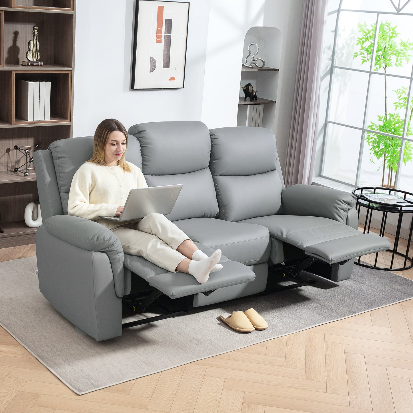 HOMCOM 3-Sitzer-Sofa, linker und rechter Sitz zurücklehnbar, anpassbare Fußstütze, Kunstlederbezug, für Wohnzimmer, Dunkelgrau