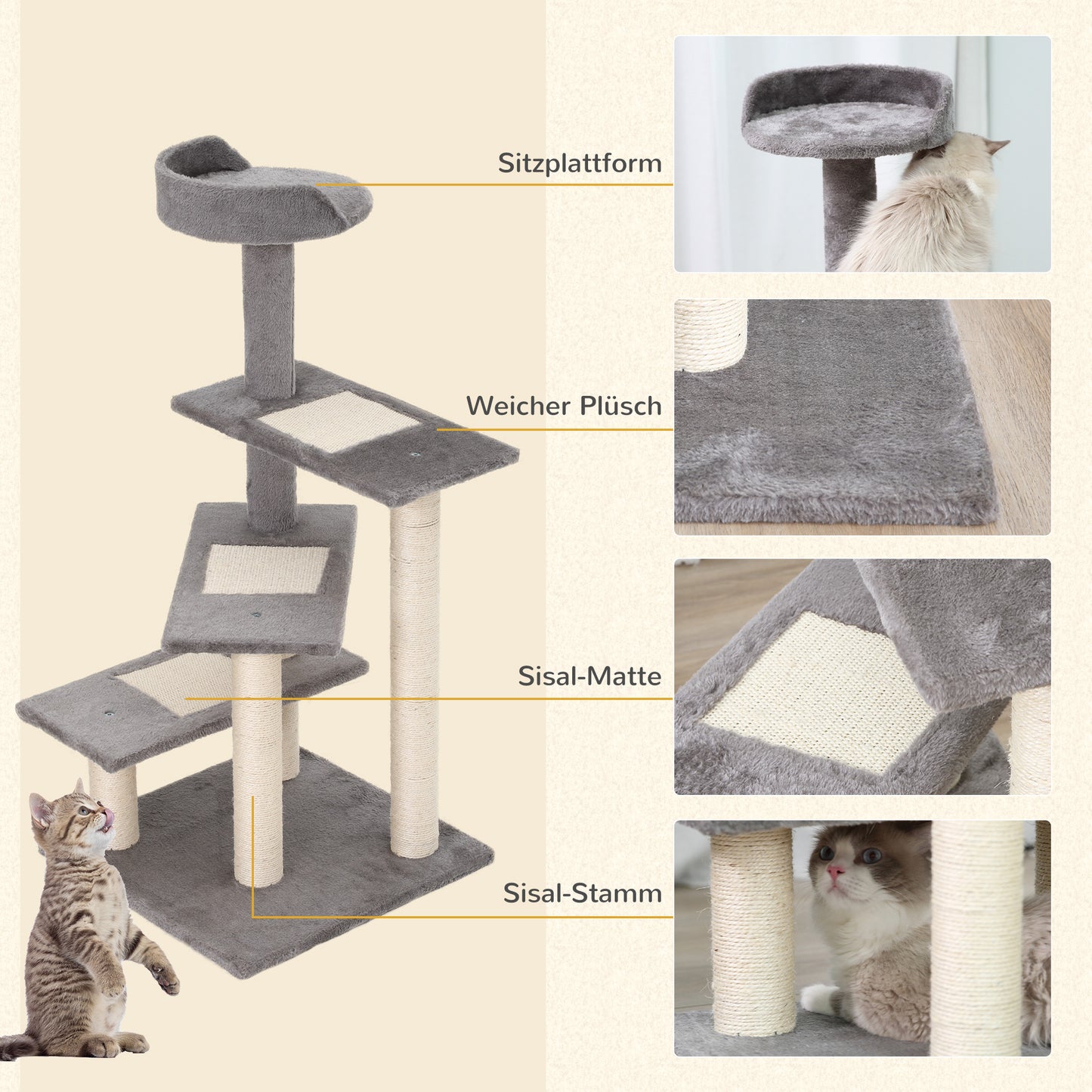 PawHut Kletterbaum Katzenbaum Spielbaum Katzenkratzbaum Treppe 5 Schichte Beige Grau 48,5 x 48,5 x 100 cm (LxBxH)