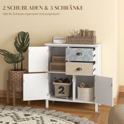 HOMCOM Sideboard, Shabby Chic Kommode, 2 Schubladen, 3 Schrankfächer, Kiefernholz, 68x34x80cm, Weiß