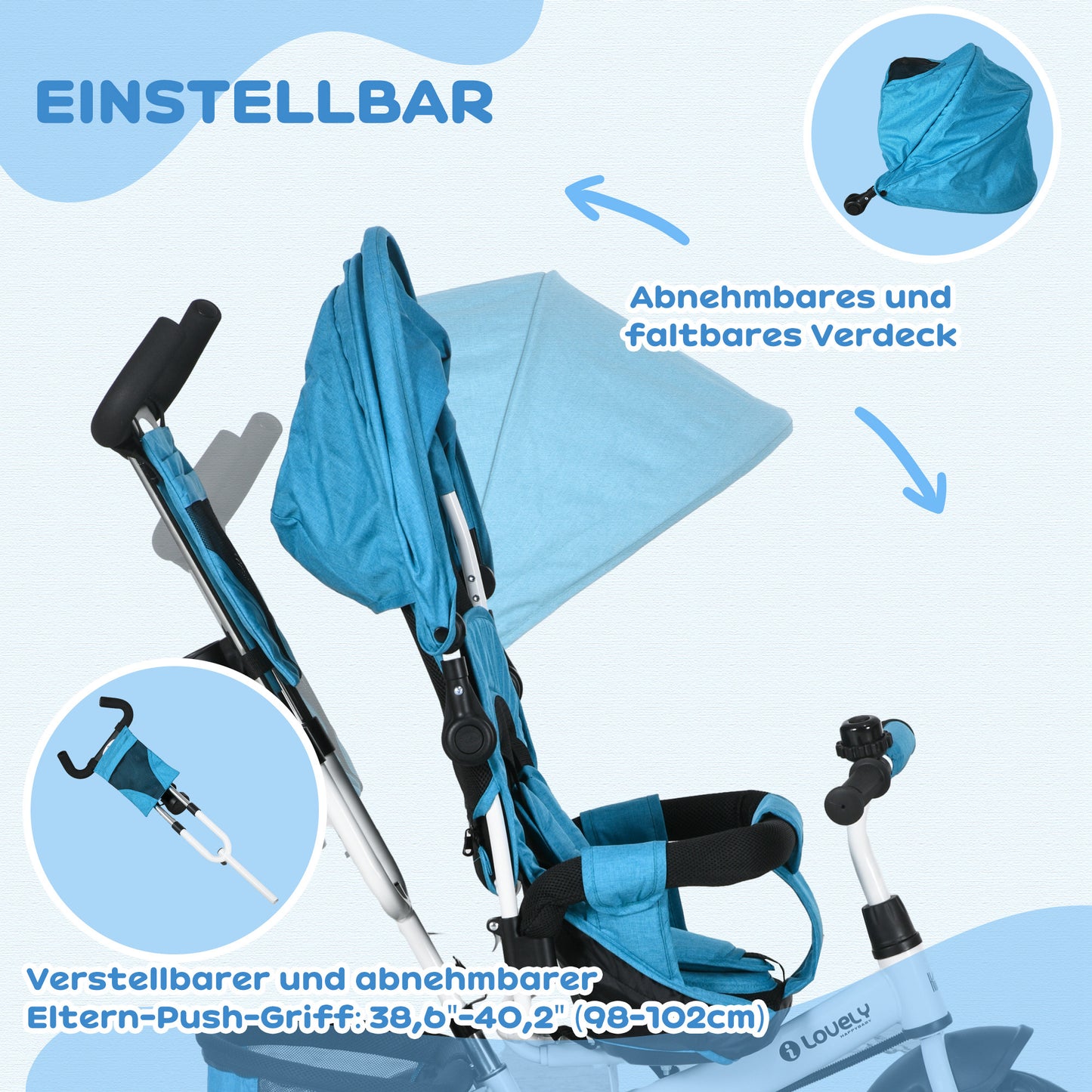 HOMCOM Kinder-Dreirad, Kinderfahrrad, Rückenkorb, Becherhalter, Sonnendach, Metall, Blau