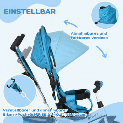 HOMCOM Kinder-Dreirad, Kinderfahrrad, Rückenkorb, Becherhalter, Sonnendach, Metall, Blau