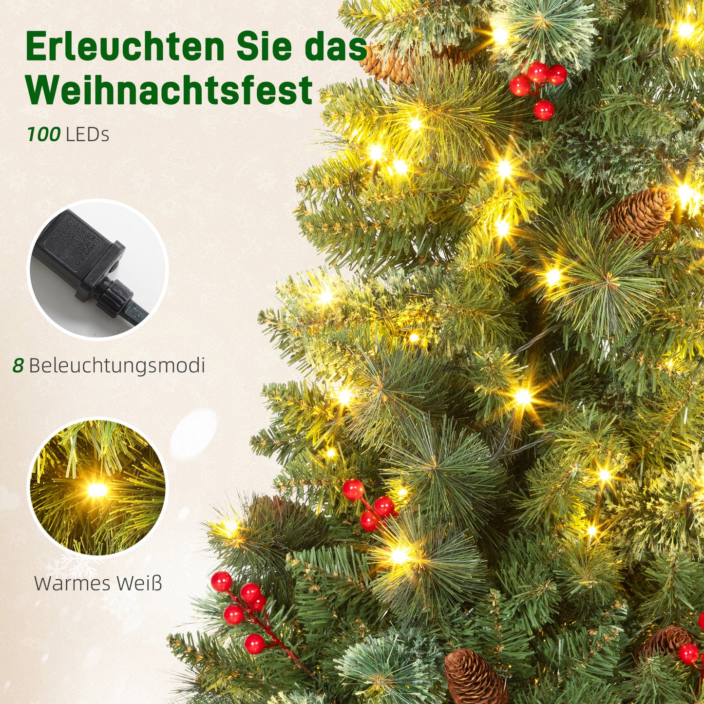 HOMCOM Künstlicher Weihnachtsbaum 120 cm Tannenbaum künstlich mit 100 LED Beleuchtung, 8 Modi, 214 Spitzen