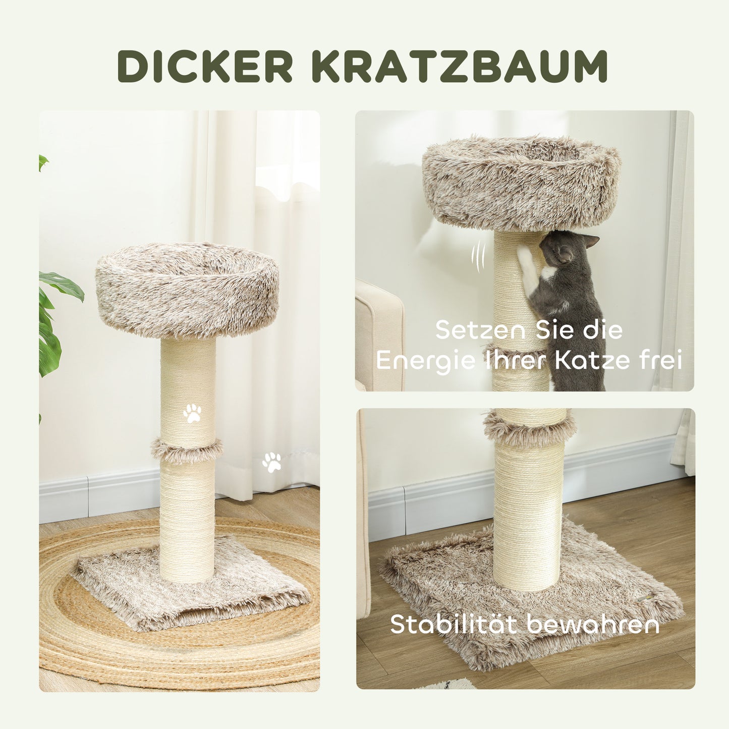 PawHut Katzenbaum, 87 cm, Katzenturm mit dickem Kratzpfosten, Plüschbett, für den Innenbereich, trägt till 6 kg, Braun