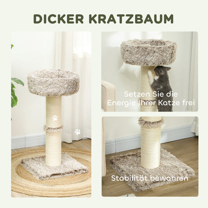 PawHut Katzenbaum, 87 cm, Katzenturm mit dickem Kratzpfosten, Plüschbett, für den Innenbereich, trägt till 6 kg, Braun