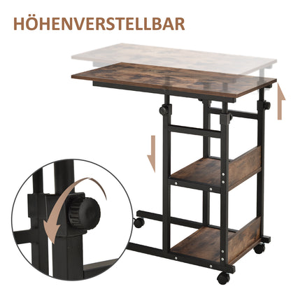 HOMCOM Beistelltisch mit Rollen, höhenverstellbar, kompakt, 2 Ablageböden, Metallrahmen, 80x40x72-82 cm, Braun/Schwarz