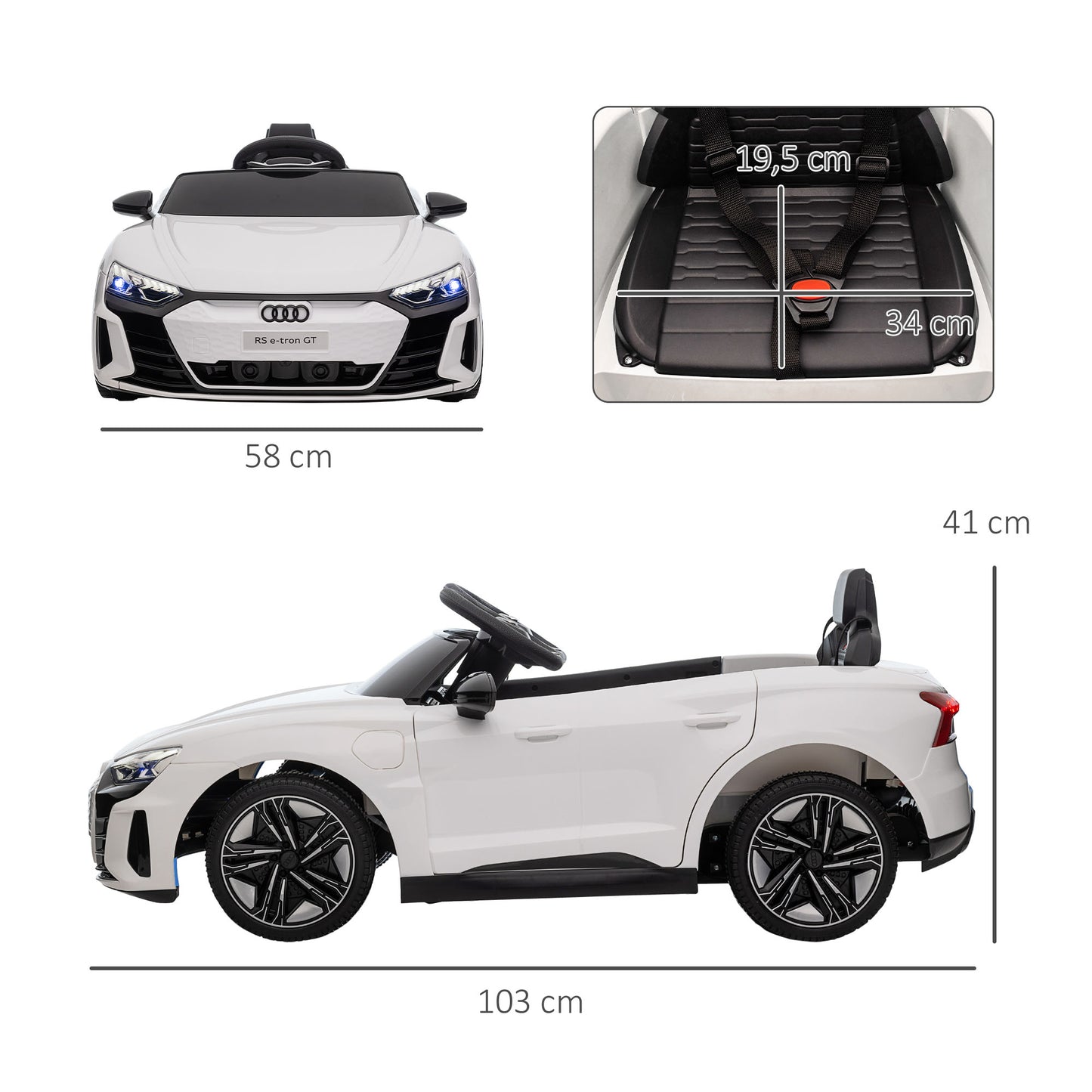 HOMCOM Kinder-Elektroauto Audi RS e-tron GT mit Sicherheitsgurt, Fernbedienung, Scheinwerfern, Musikfunktion, weiß, 103 x 58 x 41cm