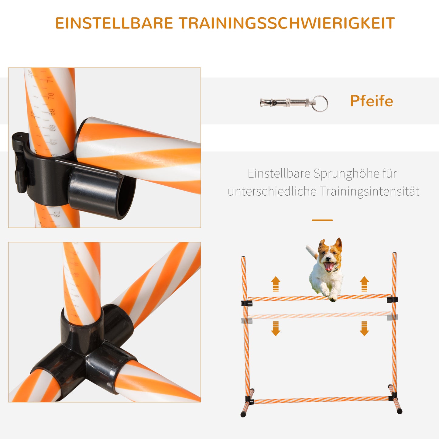 PawHut Agility Set Hunde, 6tlg. Agility-Ausrüstungs-Set mit Flechtstangen, Pfeife, Hundetraining Zubehör mit Tragetasche, für Park, Garten, Orange
