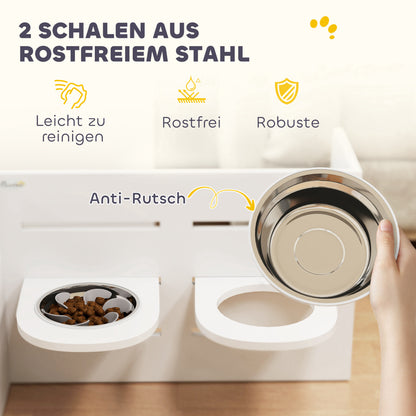 PawHut Hundefutternapf-Gestell, verstellbar Futternäpfe med separat design, 2 Edelstahlschüsseln, Anti-Schling-Matte, Weiß
