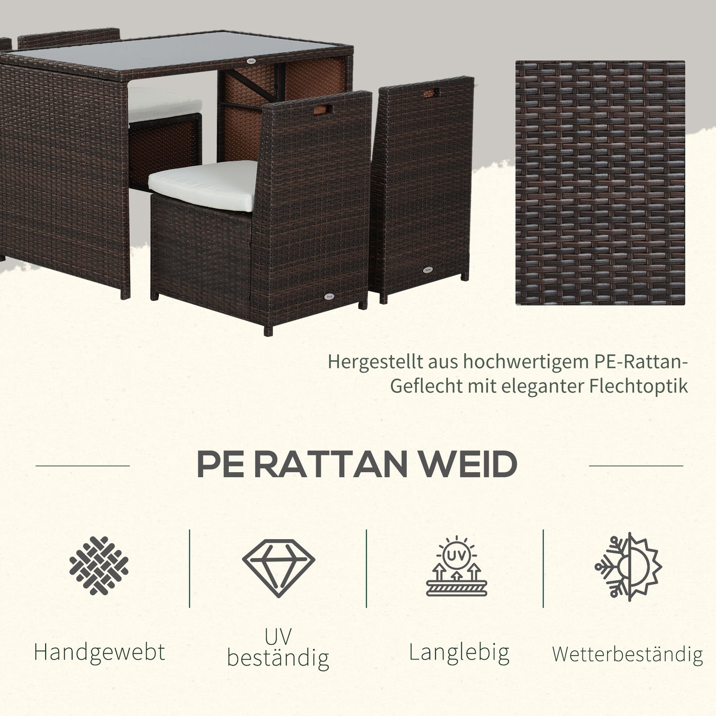 Outsunny 5-teiliges Polyrattan Gartenmöbel-Set, wetterfest Balkonmöbel für 4 Personen Terrassenmöbel mit Tisch 4 Stühle Kissen, Lounge-Set Essgruppe Sitzgruppe für Balkon, Garten, Braun+Khaki