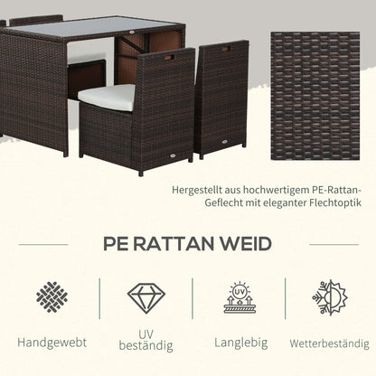 Outsunny 5-teiliges Polyrattan Gartenmöbel-Set, wetterfest Balkonmöbel für 4 Personen Terrassenmöbel mit Tisch 4 Stühle Kissen, Lounge-Set Essgruppe Sitzgruppe für Balkon, Garten, Braun+Khaki