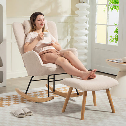 HOMCOM Schaukelstuhl mit Fußhocker, weicher Fleece-Bezug, Holzbeine, Kissen, hohe Rückenlehne, Schaukelsessel, Beige