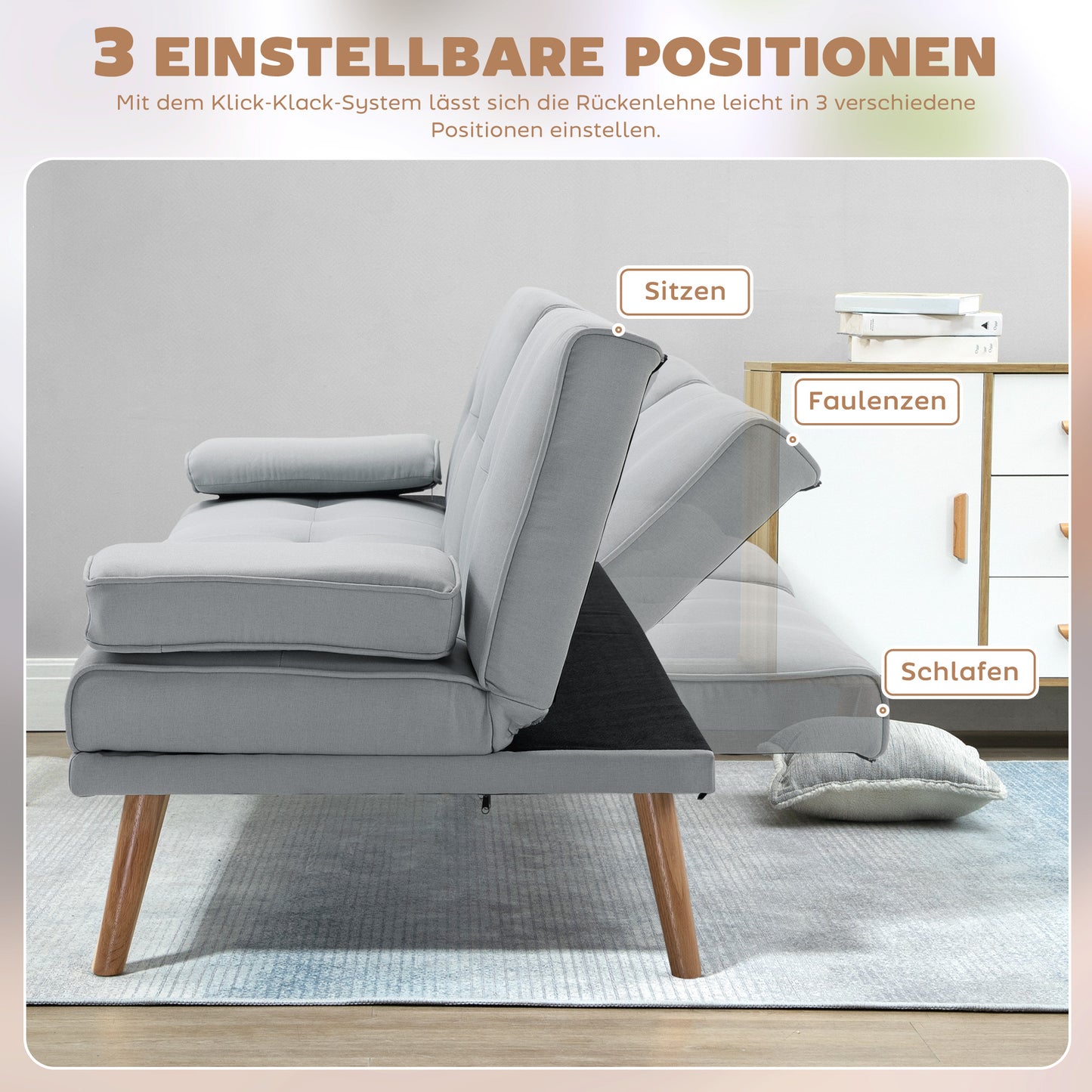 HOMCOM Schlafsofa, 3-Sitzer-Sofa, Bettsofa mit Klappbarem Tisch, Stoffsofa mit Leinenoptik, Schlafcouch mit Becherhalter, im Skandi-Design, bis 250 kg Belastbar, Hellgrau