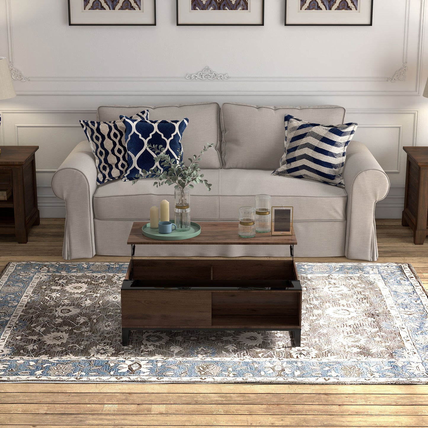 HOMCOM Beistelltisch mit Hebefunktion, verstecktes Staufach, Walsnussholzoptik, Stahlrahmen, 102 x 58 x 35,5 cm