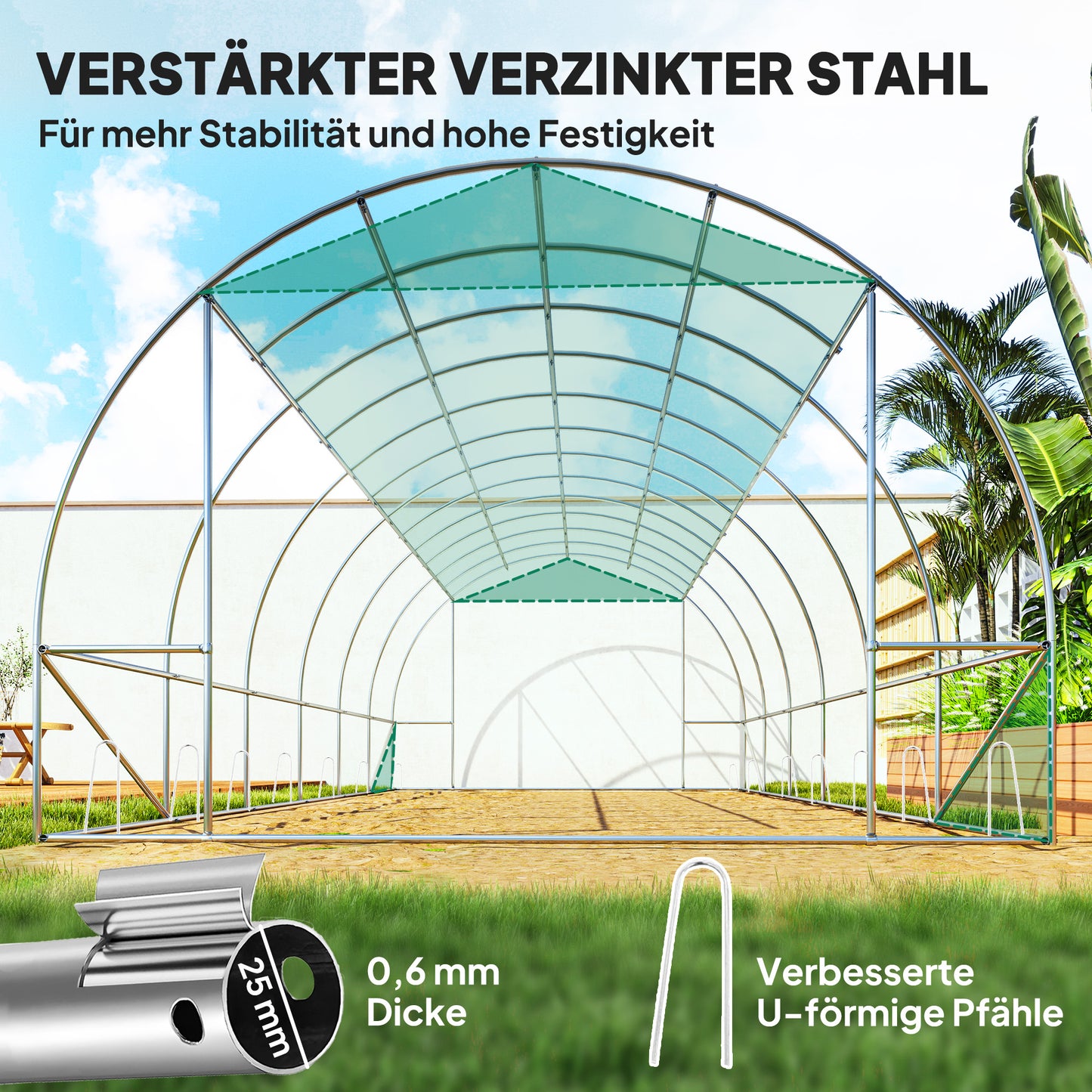 Outsunny Polytunnel Gewächshaus mit Kunststoff-Abdeckung und Stahlrahmen, begehbares Gewächshauszelt mit Rolltüren, Grün