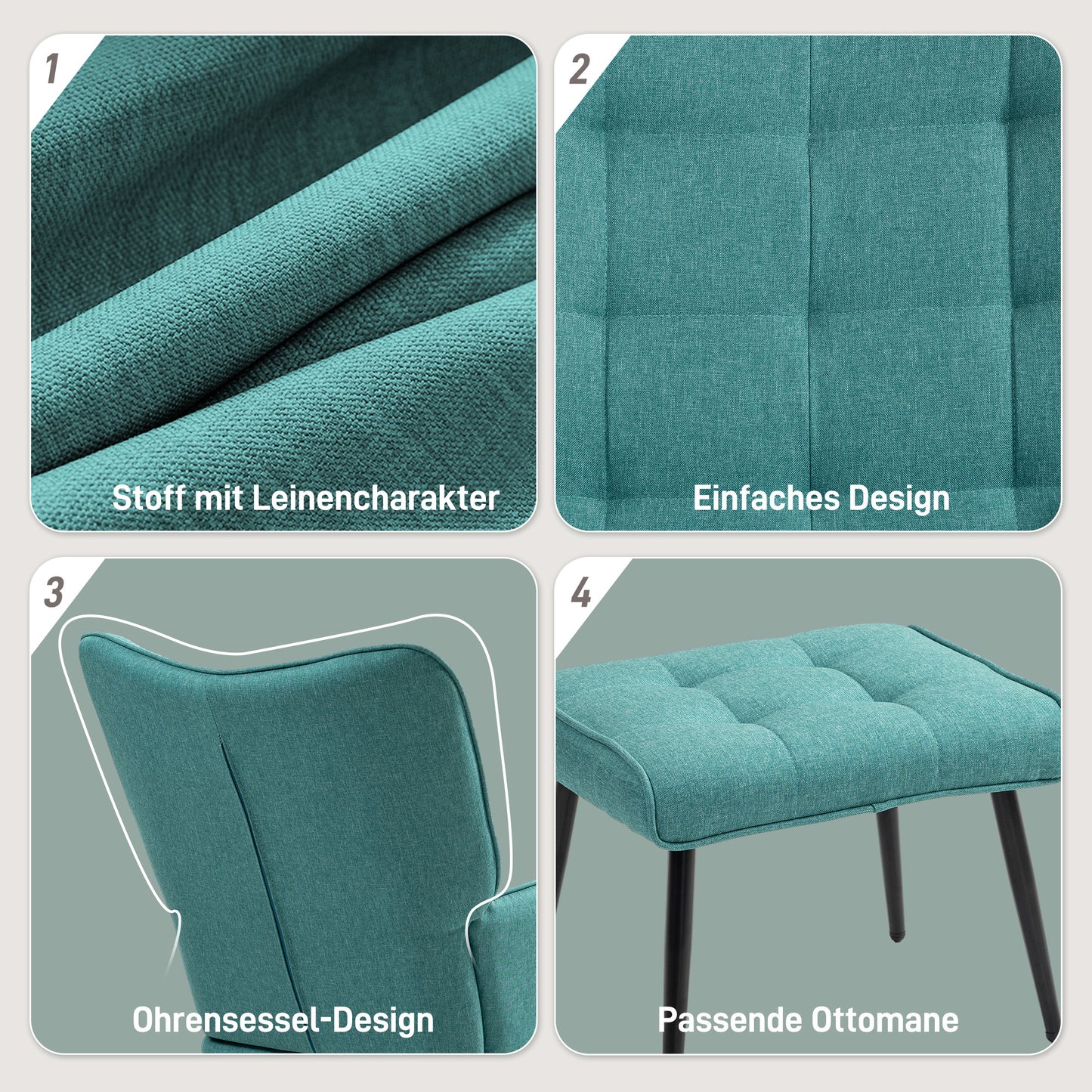 HOMCOM Schaukelstuhl mit Fußhocker, breite Sitzfläche, hohe Rückenlehne, Leinenimitat, Mintgrün