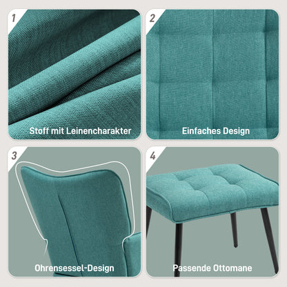 HOMCOM Schaukelstuhl mit Fußhocker, breite Sitzfläche, hohe Rückenlehne, Leinenimitat, Mintgrün