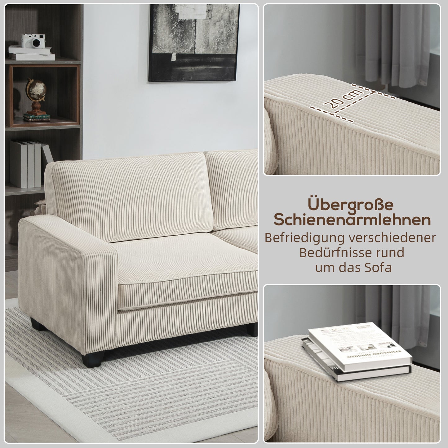 HOMCOM 3-Sitzer Sofa mit Cordbezug, Wohnzimmersofa mit Federkern, bis 400 kg, 227 x 84 x 87 cm, Cremeweiß