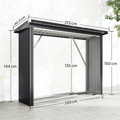 Outsunny Brennholzschuppen, Feuerholzunterstand, Stahl, erhöhter Boden, Schrägdach, 213 x 66,5 x 150 cm, Dunkelgrau