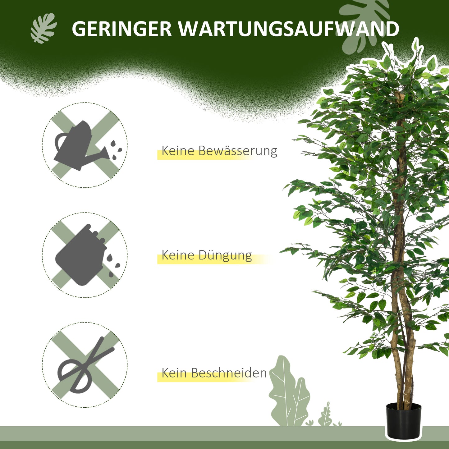 HOMCOM Künstlicher Ficus-Baum, realistisch, pflegeleicht, inkl. Topf, 180 cm hoch, Grün