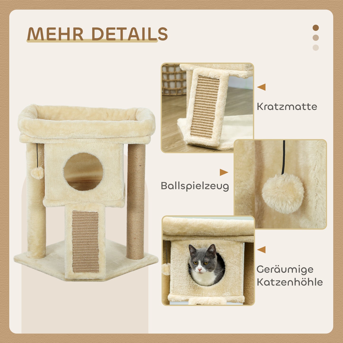 PawHut Kratzbaum mit Jute-Kratzmatte, Liegeplattform, Spielball, Katzenhaus, Beige, 40 x 40 x 57 cm