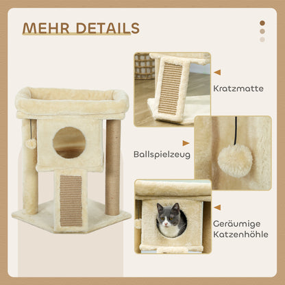 PawHut Kratzbaum mit Jute-Kratzmatte, Liegeplattform, Spielball, Katzenhaus, Beige, 40 x 40 x 57 cm