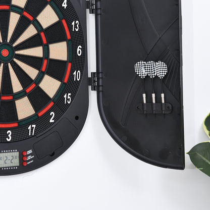 HOMCOM Elektronische Dartscheibe Dartboard mit Sprachansagen Englische Stimme LED-Anzeigen 6 Darts 26 Spiele 185 Varianten Dartautomat mit Tür Dartscheibe Set für bis zu 8 Spieler