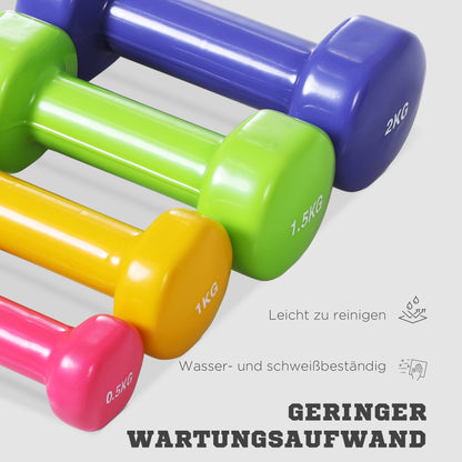 HOMCOM Hantelset 4 Hantelpaare mit Koffer 0,5 kg/1 kg/1,5 kg/2 kg Eisen+Kunststoff Rot Gelb Grün Lila