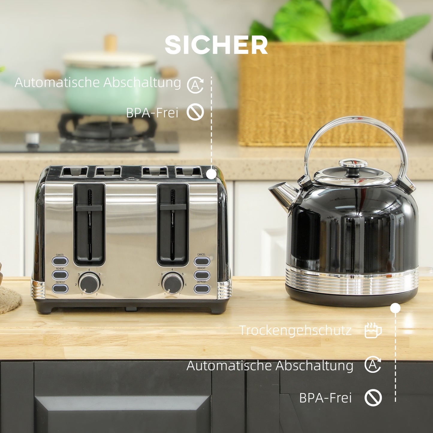 HOMCOM Wasserkocher- und Toaster-Set, 7 Bräunungsstufen, 1,7 L, Kunststoff, Edelstahl, Schwarz