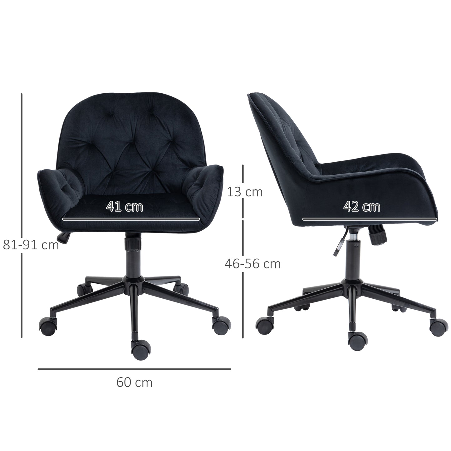 Vinsetto Homeoffice Stuhl Schreibtischstuhl mit Samtoptik höhenverstellbar Drehstuhl Schminkstuhl Bürostuhl bis 120 kg belastbar, für Arbeitszimmer, Schlafzimmer Schwarz