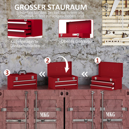DURHAND Werkzeugkiste mit 2 Schubladen, oberes Staufach, Stahlverschlüsse, Tragegriff, 46x24x22 cm, Rot