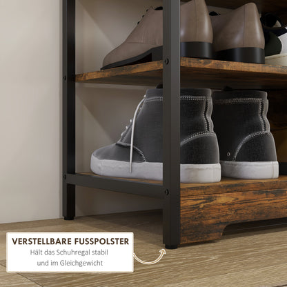 HOMCOM Schuhregal 4-stufig, offenes Design, Metallrahmen, verstellbare Füße, 70x30x65 cm, Braun/Schwarz