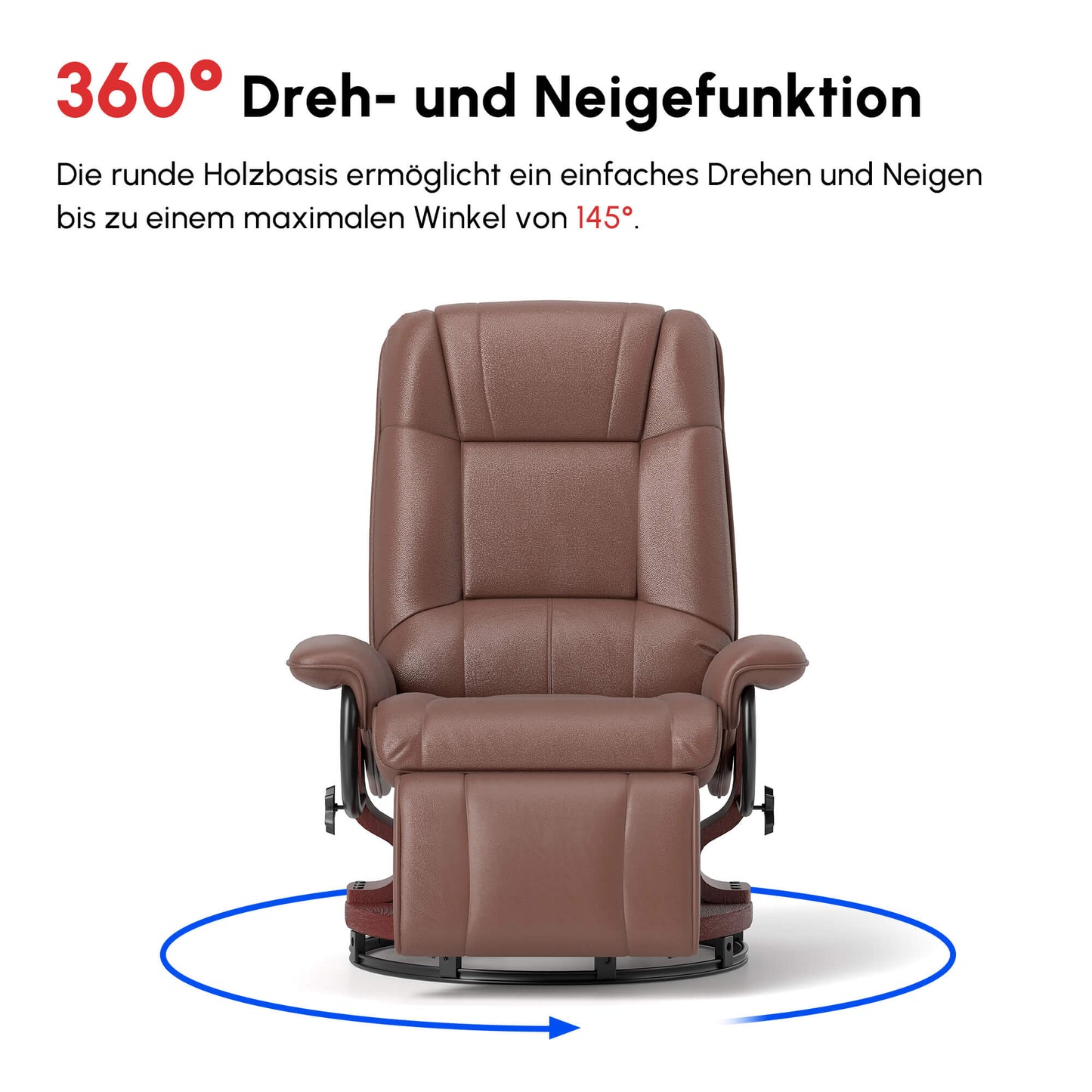 HOMCOM Relaxsessel, 145° neigbar, verstellbare Fußstütze, Kunstleder, 360° drehbar, bis 120 kg, Braun