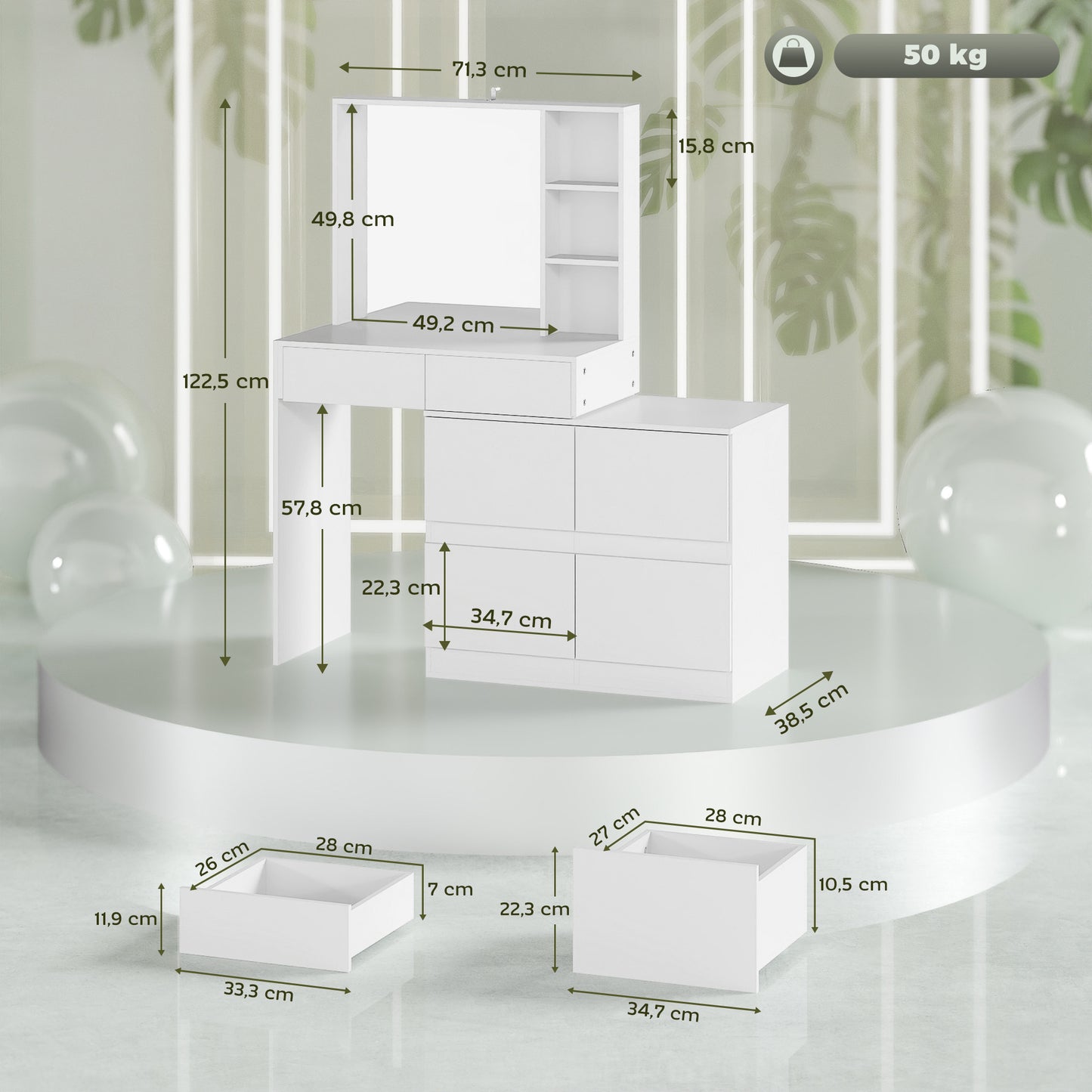 HOMCOM Schminktisch, Make-up-Tisch mit großem Spiegel, 4 Schubladen, 3 offene Fächer, 2 Schränke, MDF, Weiß