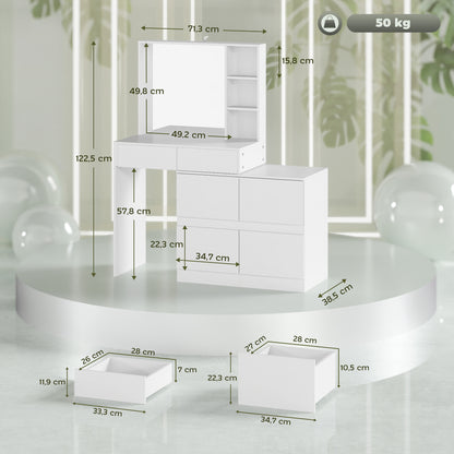 HOMCOM Schminktisch, Make-up-Tisch mit großem Spiegel, 4 Schubladen, 3 offene Fächer, 2 Schränke, MDF, Weiß