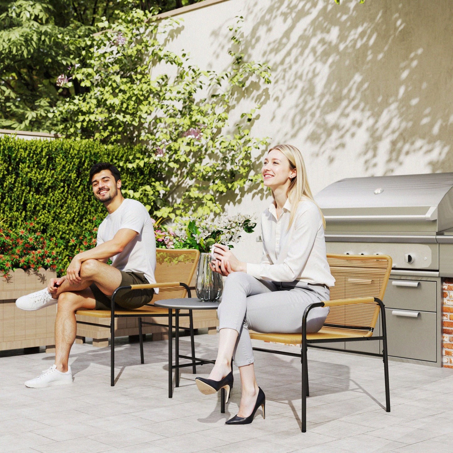 Outsunny 3-tlg. Rattan Bistroset, Sitzgruppe, Gartengarnitur mit 2 Gartensesseln, Couchtisch 54 x 66 x 76 cm Gelb