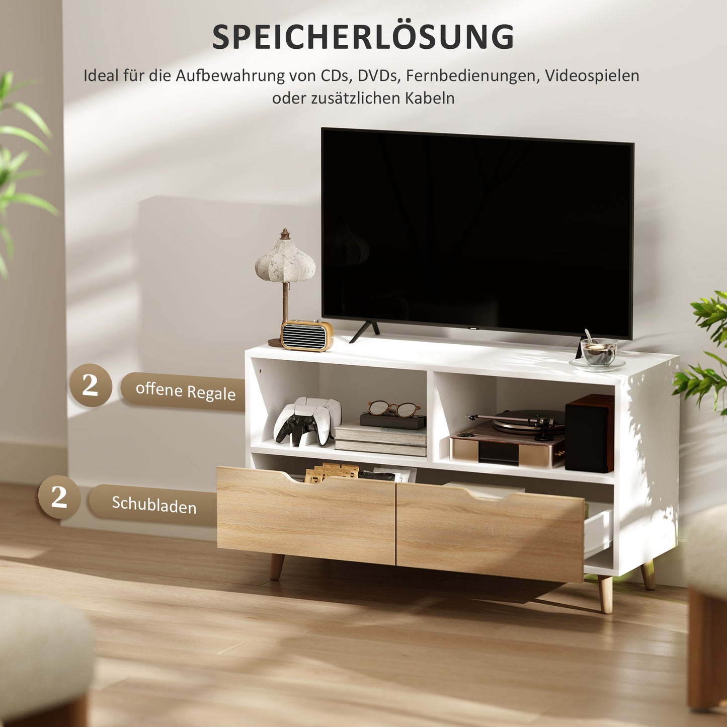 HOMCOM TV-Schrank, TV-Kommode mit Schubladen, Offene Regale, Holz, 99 x 39 x 58 cm, Weiß