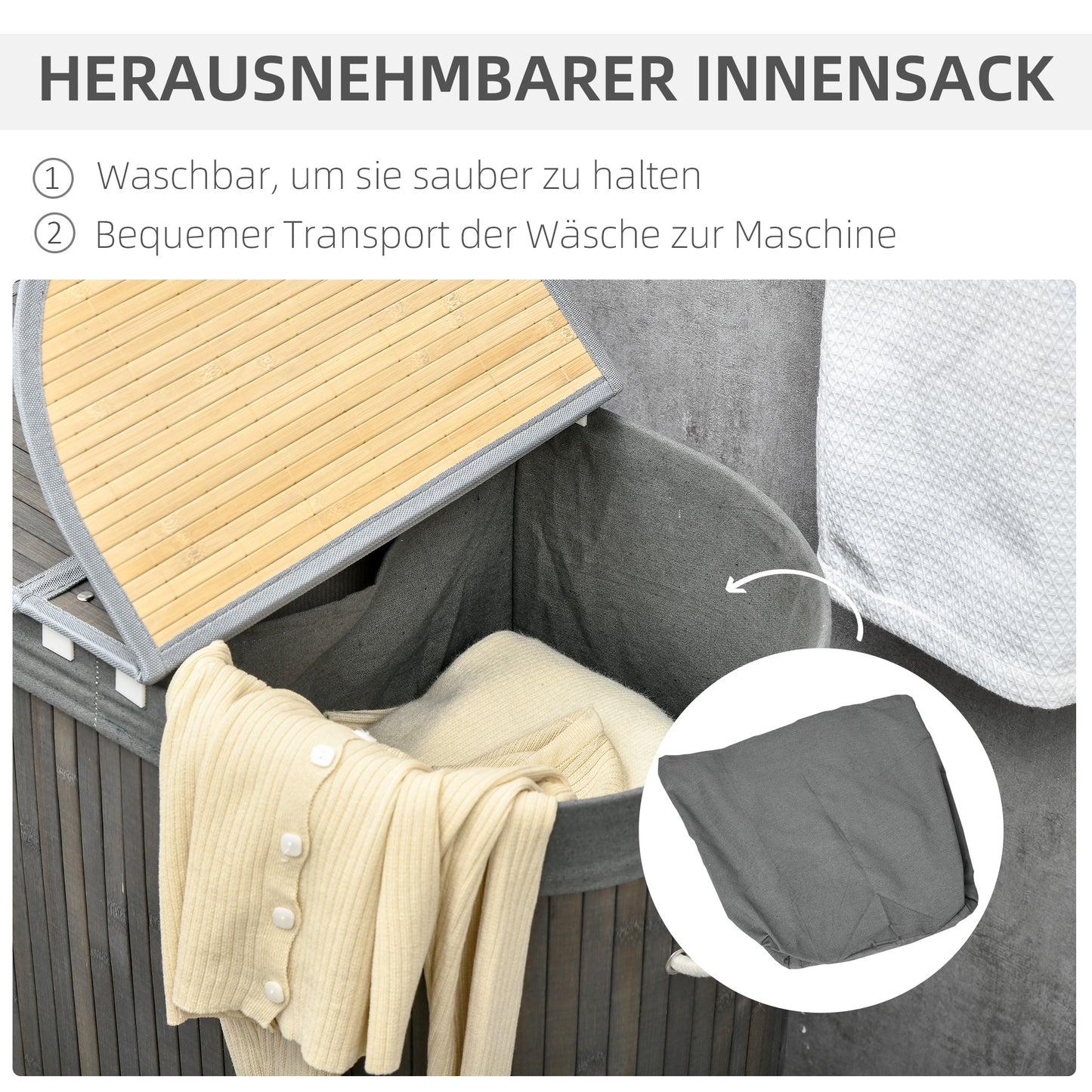HOMCOM 100 L Wäschekorb mit Deckel, Griff, 2 Abschnitte, herausnehmbarer Wäschesack, für Schlafzimmer, Badezimmer, Bambus, Grau
