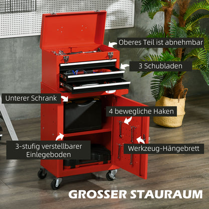 DURHAND 2-in-1 Werkzeugwagen, mobil, 3 Schubladen, Werkzeugtafel, Stahlgehäuse, 46L x 28B x 94H cm, Rot