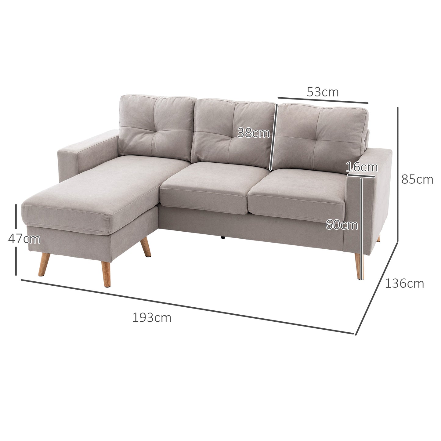 HOMCOM 3-Sitzer-Ecksofa, Leinenoptik, Wendbare Chaiselongue, 193x136x85 cm, Hellgrau