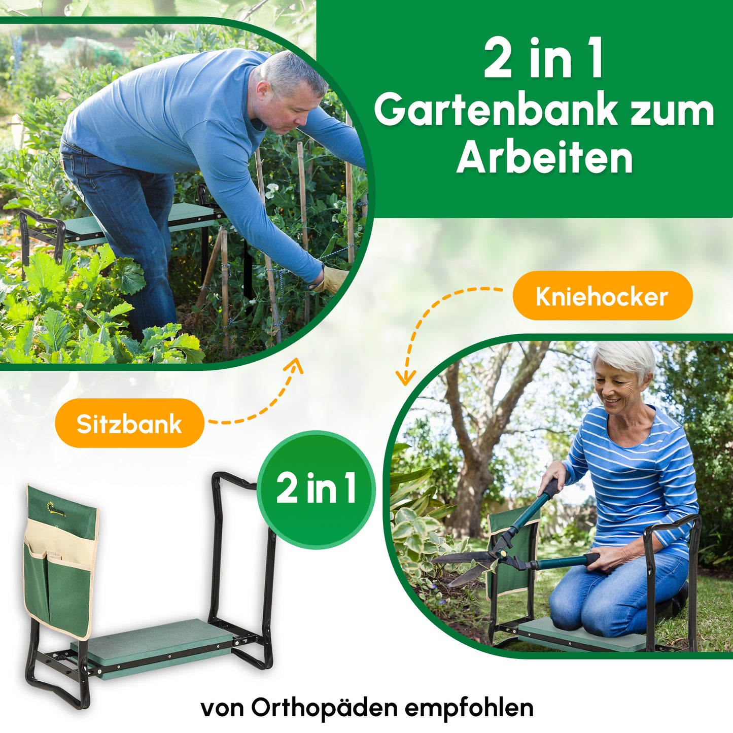 Outsunny Kniebank, Klappbarer Gartenhocker, 2-in-1, Kniehilfe, mit Werkzeugtasche, EVA-Schaumstoff, 58 x 28 x 49 cm