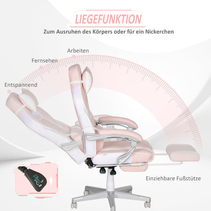 HOMCOM Gamingstuhl mit Fußstütze, Kopf- & Lendenkissen, drehbar, höhenverstellbar, Rosa