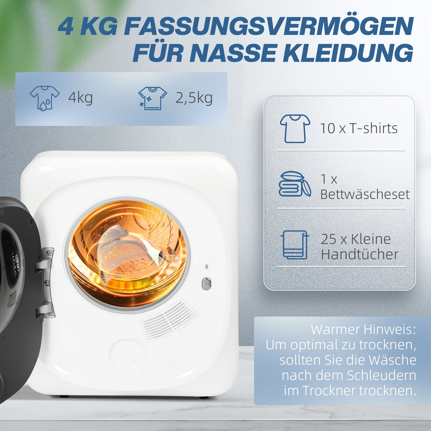HOMCOM Wäschetrockner mit UV-Desinfektion, kompakte Bauweise, 4 kg Kapazität, Edelstahl, Weiß