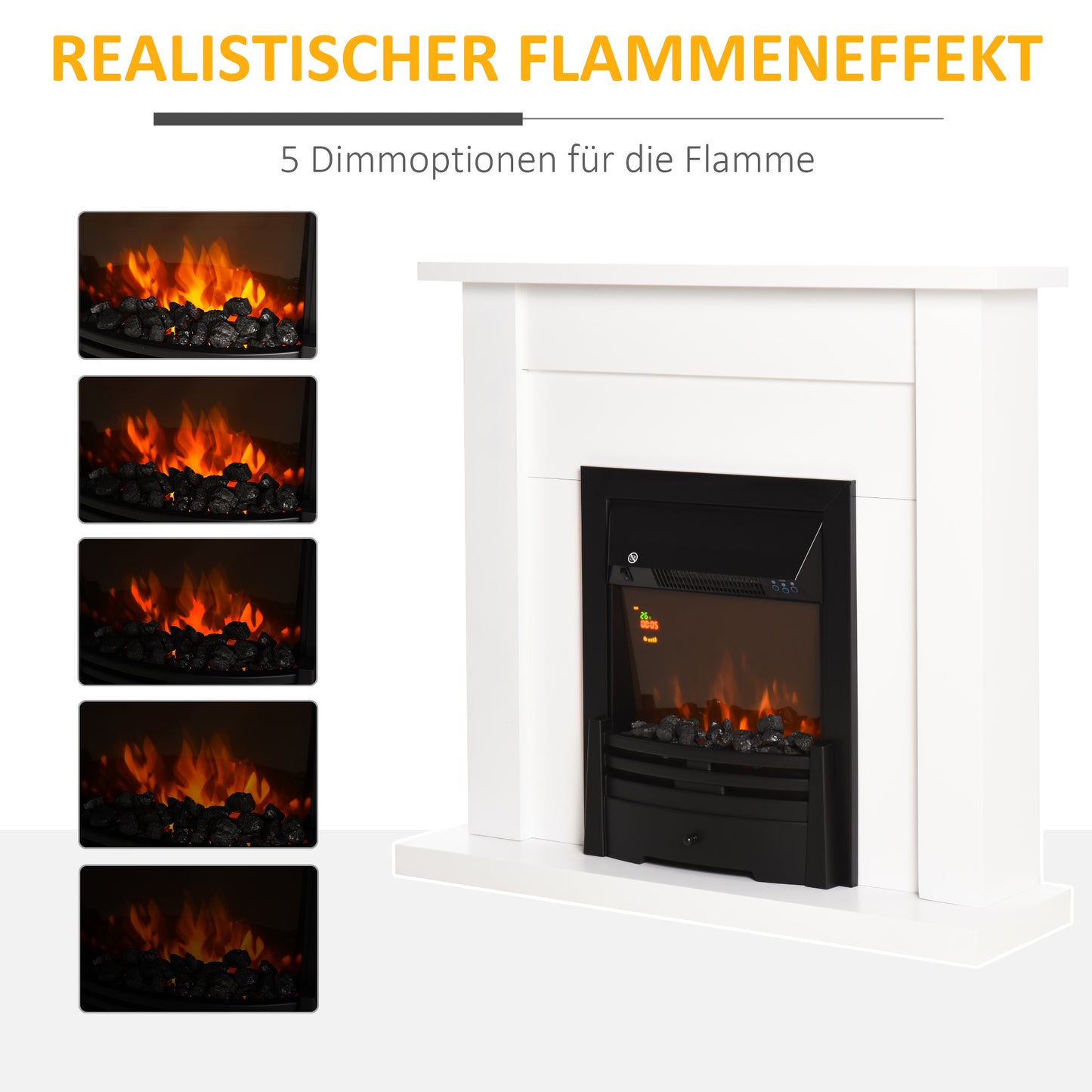 HOMCOM Elektrischer Kamin, 2 Leistungsstufen, Fernbedienung, Timer, realistischer Flammeneffekt, Schwarz+Weiß