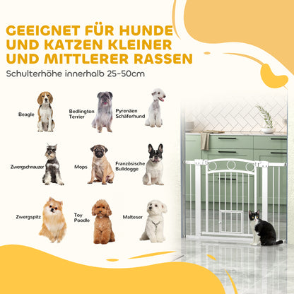 PawHut Haustiertor, 77 cm Treppengatter, verstellbar Breite 76-104 cm, mit Katzentür, für Treppen och Türöffnungen, Weiß