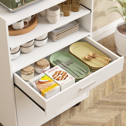 HOMCOM Mikrowellenschrank, Regal, Doppeltürschrank, Schublade, Rollen, Weiß