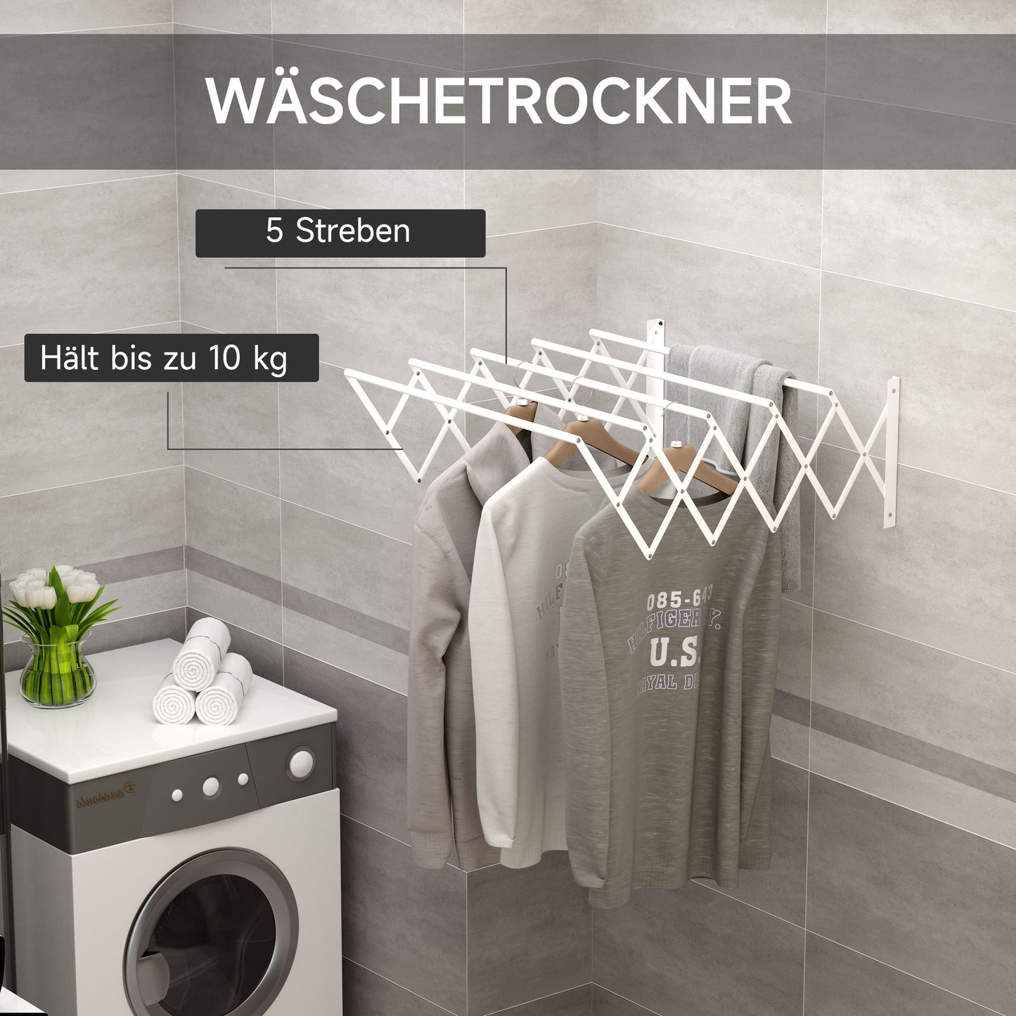 HOMCOM Wäscheständer für Wandmontage ausziehbar klappbar platzsparender Wäschetrockner, Wandwäschetrockner für Innen und Außen, Weiß, 63,5 x 60 x 20 cm