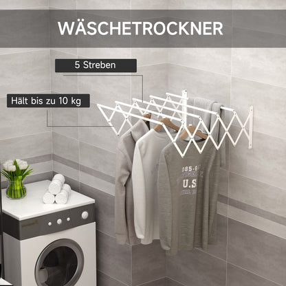 HOMCOM Wäscheständer für Wandmontage ausziehbar klappbar platzsparender Wäschetrockner, Wandwäschetrockner für Innen und Außen, Weiß, 63,5 x 60 x 20 cm